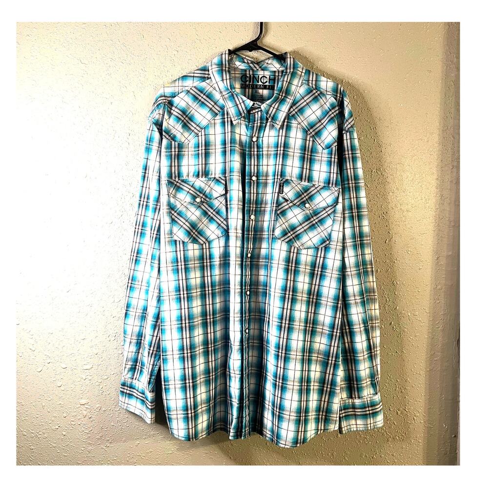 Cinch Modern Fit men’s long sleeve pearl snap shirt XL blue plaid western church